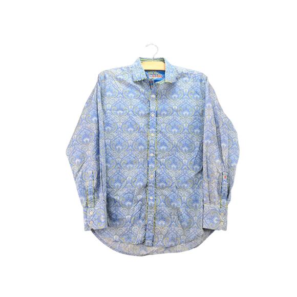 Robert Graham Mens Button Up Dress Shirt Size M Blue Paisley Print Silk Trim - Picture 1 of 13